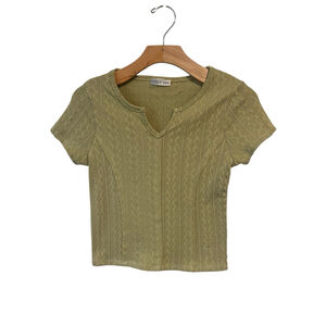 Fitz + Eddi Knit Crochet Top Womens Juniors Size L Short Sleeve V Neck Blouse